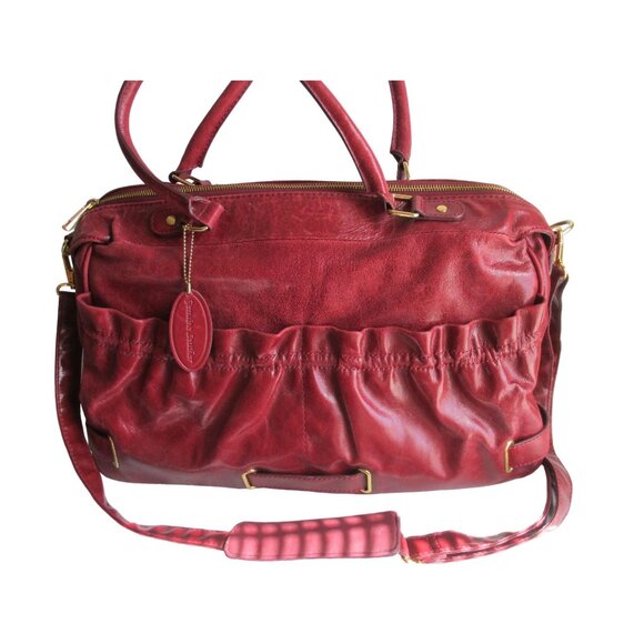 *PELLE Cranberry Red Satchel Tote XL Ruched Pebbled Leather 2-Way + Portfolio - Picture 1 of 13